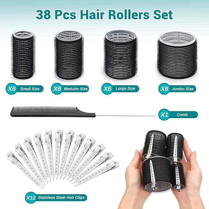 Acejoz Hair Rollers for Blowout Look, 38 Pcs Self Grip Hair Rollers Set with 4 Sizes, 12 Pcs Hair Clips, Comb and Storage Bag for Hair Volume (Black)