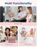 BAGSMART Makeup Bag for Women with Hanging Hook, Large Portable Capacity Water-resistant Organizer Travel Case for Toiletries and Cosmetics, Pink