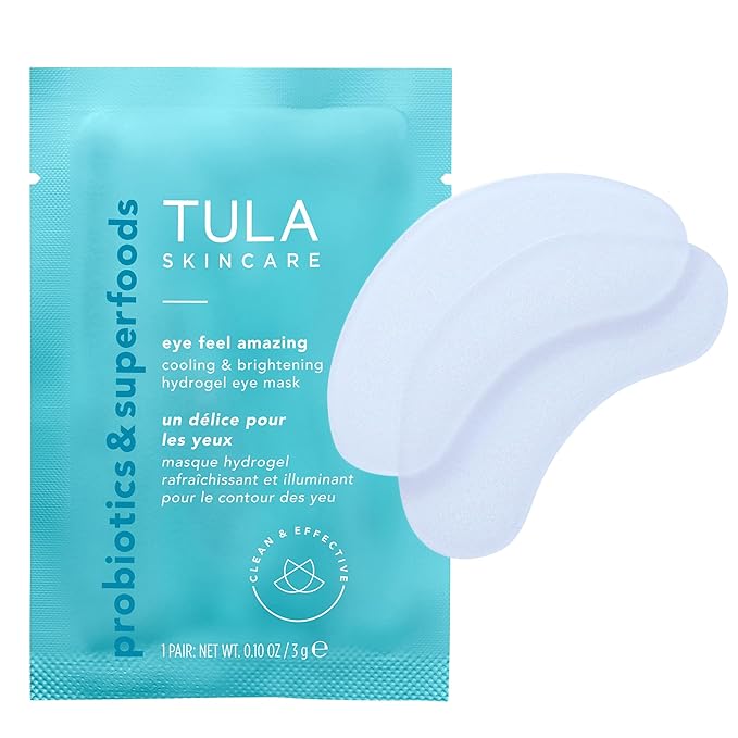 TULA Skin Care Eye Feel Amazing Cooling & Brightening Hydrogel Eye Masks - Fights Puffiness & Soothes Undereyes, Contains Hyaluronic Acid & Niacinamide, Caffeine & Chamomile, 4 packettes, 0.10 oz.