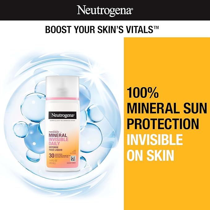 Neutrogena Purescreen+ Invisible Daily Defense Mineral Sunscreen for Face with SPF 30, Broad Spectrum Mineral Sunscreen with Vitamin E, Water Resistant, Fragrance-Free, 1.4 fl. oz