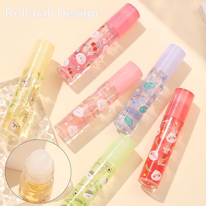 6pcs Fruit Flavored Lip Gloss Set, Roll on Lip Gloss Set Kids Lip Gloss Cute Lip Oil for Girls, Glossy and Shiny Non-Toxic, Kid Friendly, Kids Gift