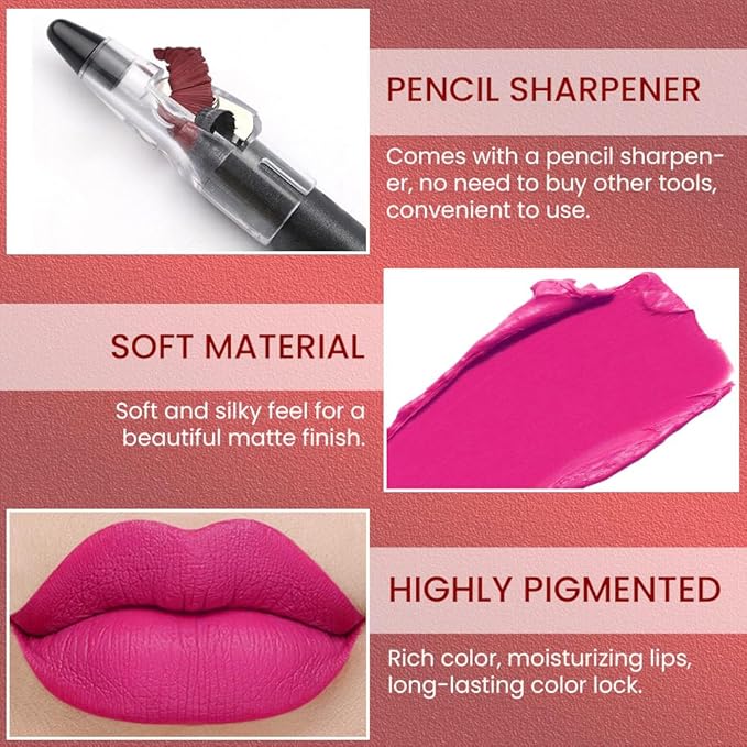 Dazzling Pink Crayon Matte Lipstick Lip Liner Pencil, Moisture Smooth Lipstick Pencil,With pencil sharpener Sharpenable Lip Pencil, Ultimate Lip Crayon for Women Smudgeproof Waterproof 16#