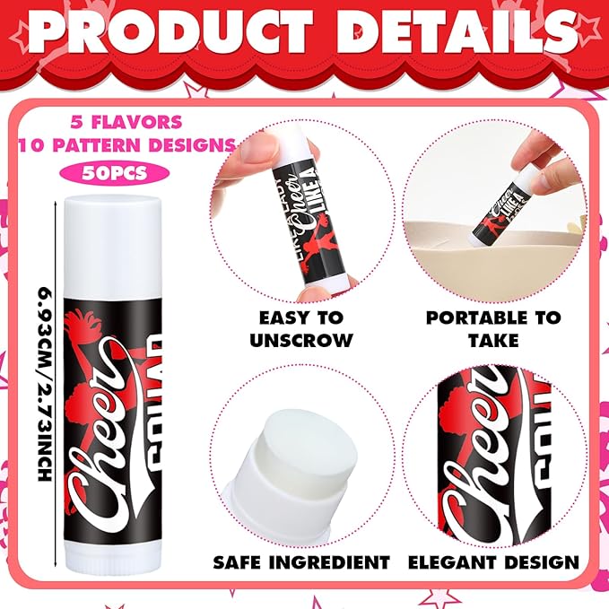 50 Sets Cheer Gifts Bulk 50 Cheer Lip Balm Bulk Moisturizing with 50 Organza Drawstring Gift Bags 50 Tags Cheerleader Gifts Cheer Gifts Bulk for Team (Red)