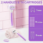 DreamGenius Razors for Women Include 2 Non-Slip Handles and 14 Blade Refills with a Shower Holder, 5 Premium Blades Women's Razors for Shaving with 360° Lubrication Reduces Irritation, Purple