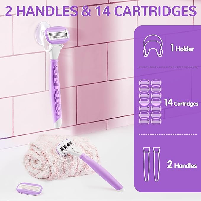 DreamGenius Razors for Women Include 2 Non-Slip Handles and 14 Blade Refills with a Shower Holder, 5 Premium Blades Women's Razors for Shaving with 360° Lubrication Reduces Irritation, Purple