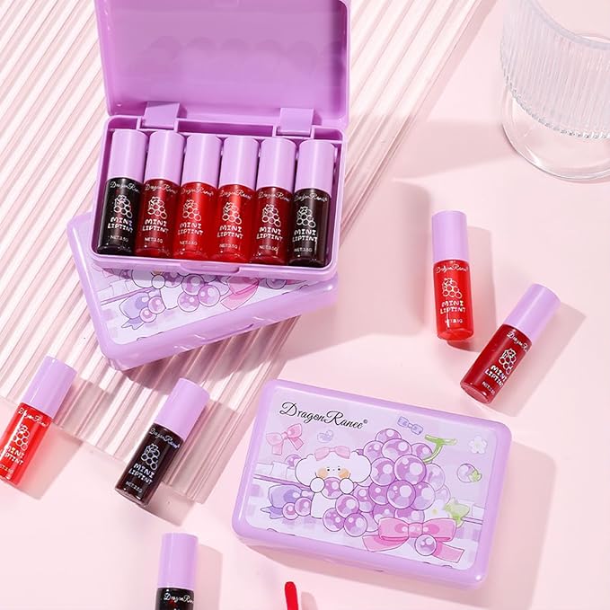 6 Colors Grapes Lip Tint Stain Set, Korean Velvet Lip Stain Watery Lip Stain Moisturizing Mini Liquid Lipstick Set, Long Wearing, Non-Stick Cup, Waterproof, High Pigment, Lip Tint Makeup