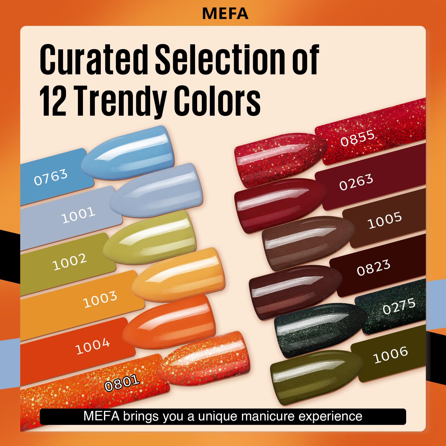 MEFA Fall Gel Nail Polish Set, 12 Colors Orange Burgundy Red Gel Polish Set Flash Dark Red Glitter Nail Polish Shimmer Nude Brown Blue Yellow Nail Gifts for Women Girl DIY Salon Home Spring Summer