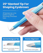 Expert Slant Tip Tweezers with Leather Case, GlamTweeler Sharp & Precision Stainless Steel Tweezer for Eyebrows, Facial Hair and Fine Hairs Removal (Sparkle Blue & Silver)