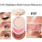 3-in-1 Blendable Trio, Contour and Highlight Blush Makeup Palette, Cream Bronzer, Silky Smooth Powder Blush, Shimmer Highlighter Makeup Powder, Pink Brown Eyeshadow Palette with Mirror(01)