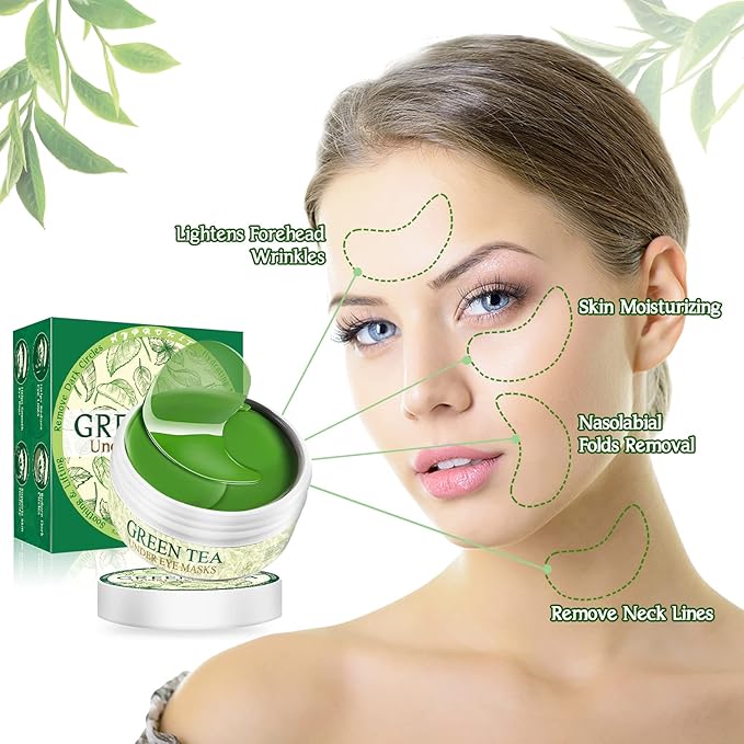 Under Eye Patches for Dark Circles and Puffiness, 60 Pcs Green Tea Collagen Eye Mask, Hydrating Eye Patches for Puffy Eyes Wrinkle Treatment, Eye Gel Pads Self Eye Skin Care Gifts for Women