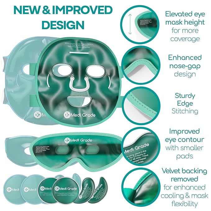 Medi Grade Cooling Ice Face Mask and Cooling Eye Mask for Puffy Eyes & Migraine Relief - Self Care Face Ice Pack with ChillGel Face Ice Mask Technology - Cooling Face Mask, Eye Pads and Bag