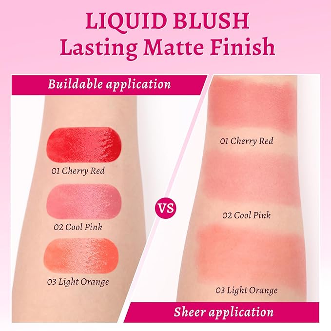 UCANBE 3PCS Liquid Blush Makeup Set – Dewy Cream Cheek Tint for Face – Blendable Long-Lasting Lightweight Natural Flushed Look (Cherry Red, Cool Pink, Light Orange)