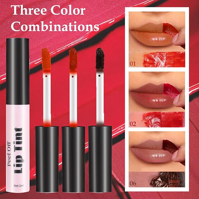 3 Colors Peel Off Lip Tint, Long Lasting Long