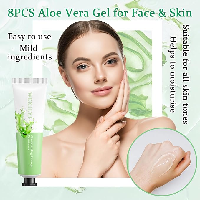 8PCS Aloe Vera Gel for Face & Skin,Organic Aloe Vera Gel,Hydrating Aloe Vera Gel for Travel Size,Moisturizing Aloe Gel for Skincare,After Sun Lotion for All Skin Type