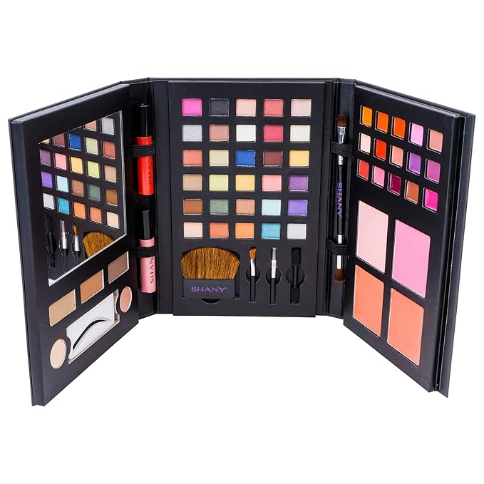 SHANY Luxe Book Makeup Set - All In One Travel Cosmetics Kit with 30 Eyeshadows, 15 Lip Colors, 5 Brushes, 4 Pressed Blushes, 3 Brow Colors, and Mirror