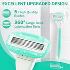 DreamGenius Razors for Women Include 2 Non-Slip Handles and 14 Blade Refills with a Shower Holder, 5 Premium Blades Women's Razors for Shaving with 360° Lubrication Reduces Irritation, Green