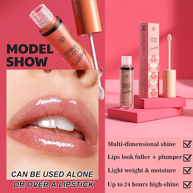 Nude Lip gloss Lip Plumper Gloss Shimmer High Shine Lip Gloss Moisturizing Tinted Lip Gloss Long Lasting Waterproof Lip Oil (02# Nude Shimmer)