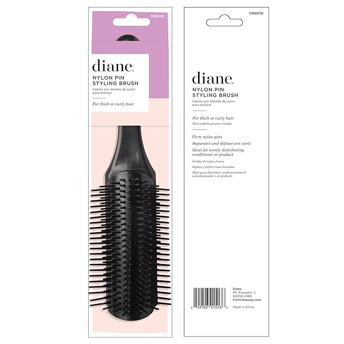Diane Nylon Pin Styling Hairbrush for Detangling, Separating, Shaping, and Defining Wet or Curly Hair, Heat-Resistant, Anti-Static, Hair Care Essential, Black