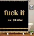 4PCS Gold Glitter Get Naked Shower Curtain Set, Funny Quote Stripe Luxury Glam Modern Dorm Bathroom Decor, Waterproof Fabric Black Shower Curtain, Non-Slip Bath Mat Toilet Rug, Just Get Naked
