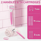 DreamGenius Razors for Women Include 2 Non-Slip Handles and 14 Blade Refills with a Shower Holder, 5 Premium Blades Women's Razors for Shaving with 360° Lubrication Reduces Irritation, Pink