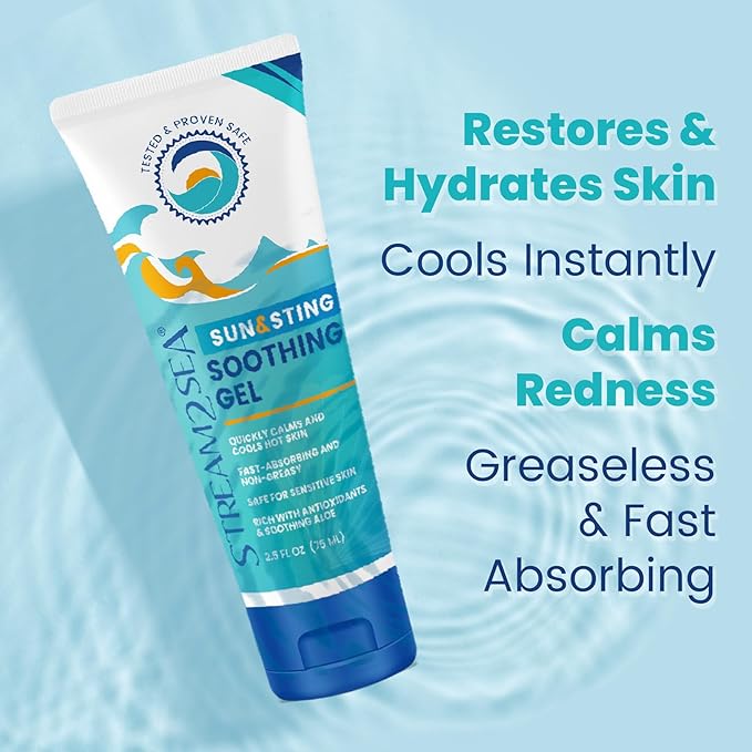 Stream2Sea Sun & Sting Aloe Soothing Gel for Face & Body, Organic Aloe Vera Gel for Sunburn Relief, Travel Size Aloe Vera Gel for Skin, Natural After Sun Care, Pure Aloe After Sun Gel, 2.5 Fl oz