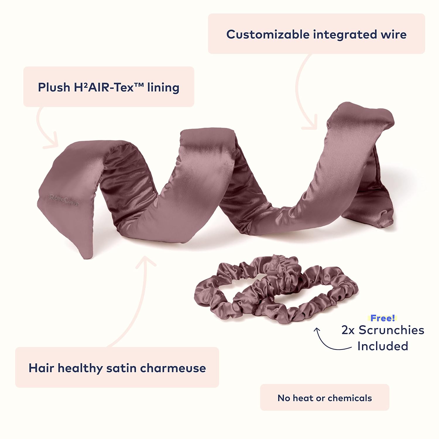 RobeCurls Heatless Hair Curler Set - Satin Curling Headband for Natural, No-Heat Curls - Sleep in Overnight Styling Tool with 2 Scrunchies - Easy & Gentle on Hair (Mauve)