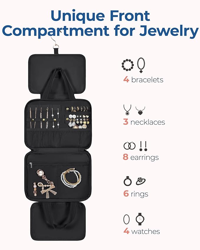 BAGSMART Travel Toiletry Bag with Jewelry Organizer, Hanging Travel Bag for Toiletries, Puffy Makeup Cosmetic Bag Organizer, Carry-on Travel Accessories Essentials, Black-L