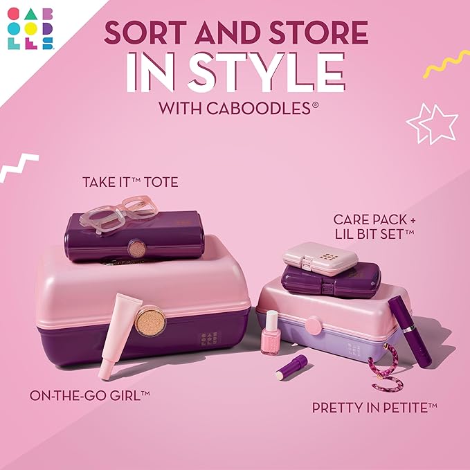 Caboodles Pretty in Petite Makeup Box, Hard Plastic Organizer Box, 2 Swivel Trays, Fashion Mirror, Secure Latch for Safe Travel