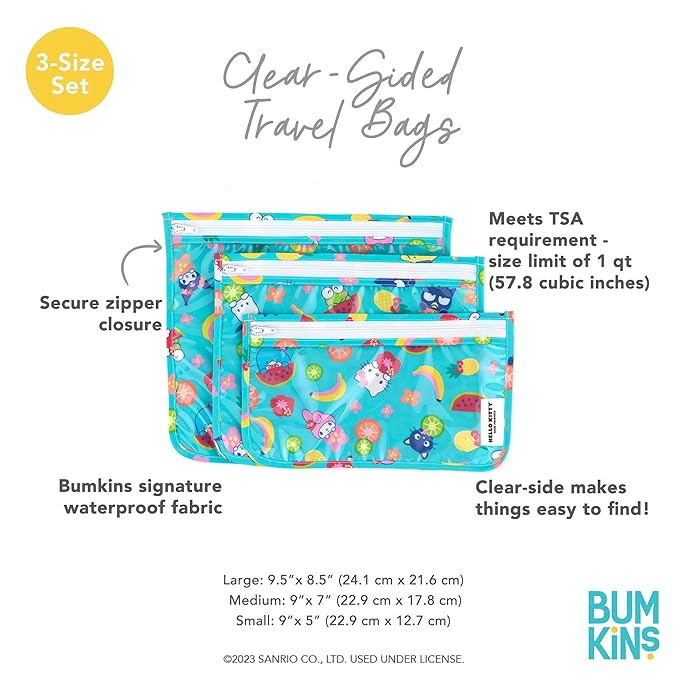 Bumkins Travel Bag, Toiletry, TSA Approved Pouch, Zip Bag, Quart Size Airline Compliant, Clear-Sided, Baby, Diaper Bag Organization, Makeup, Accessories, Packing, Set of 3 Sizes, Hello Kitty