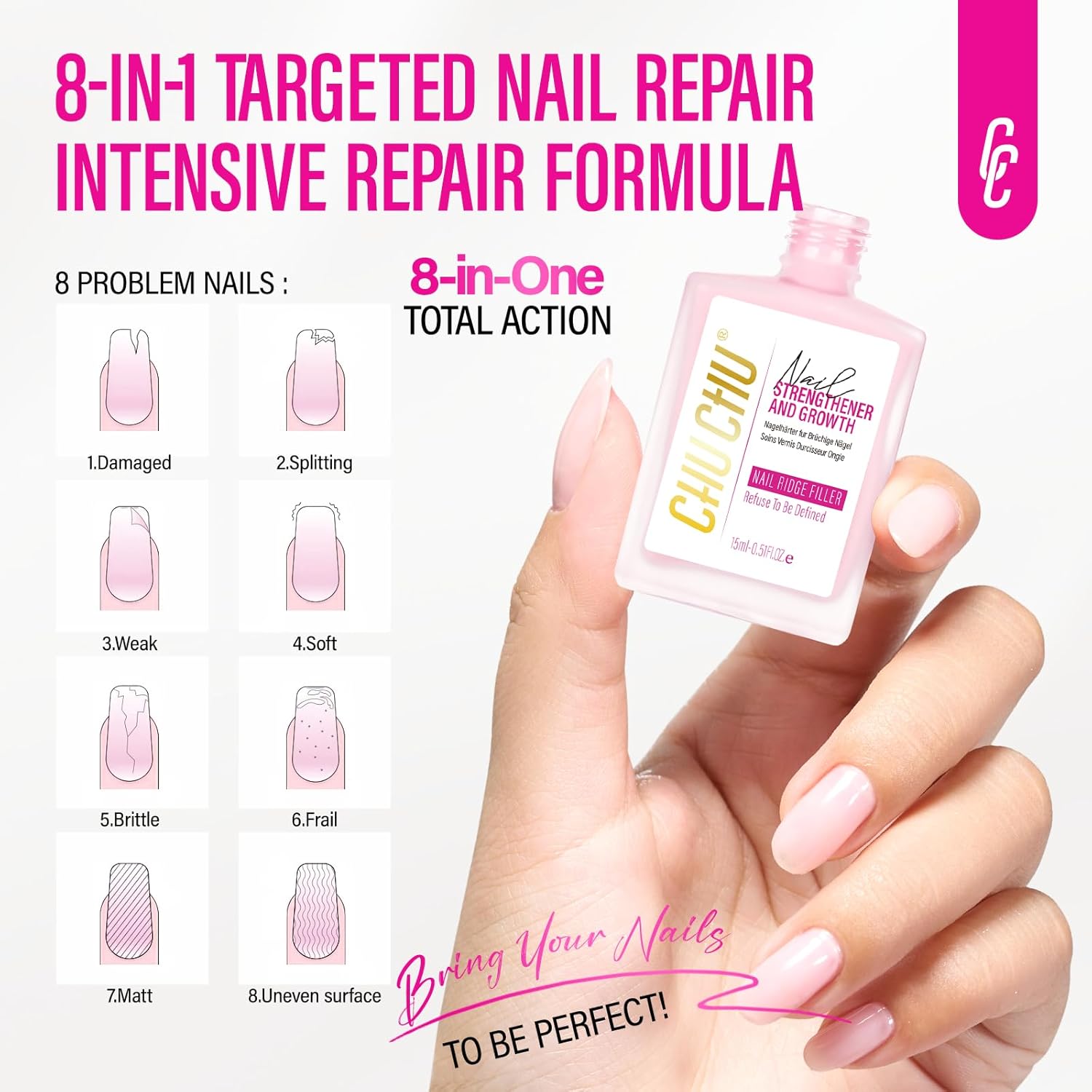 Nail Repair for Women: 8 in 1 Pink Nail Hardener Extra Strong and Growth - 15ML Natural Nail Polish Hardener Ridge Filler Strengthener for Weak and Damaged Nails 15ml