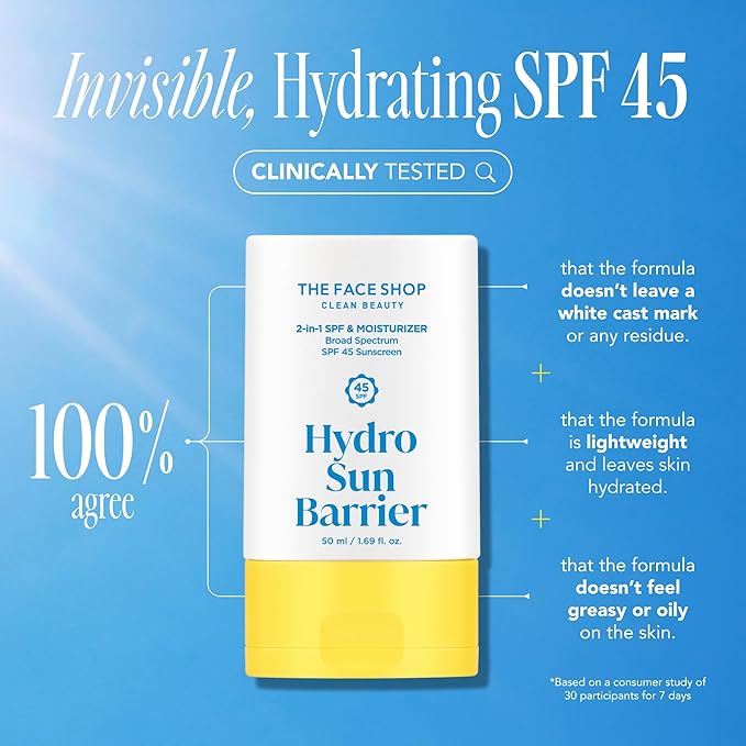 THE FACE SHOP Hydro Sun Barrier 2-in-1 Sunscreen & Moisturizer, Broad Spectrum SPF 45, Korean Sunscreen Skin care, Daily Hydrating Moisturizer for Face with Niacinamide, No White Cast