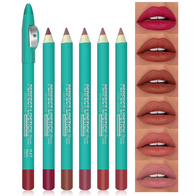 Erinde 6PCS Lip Liner Pencil, Nude Lip Liner Set with Lip Liner Sharpener, Matte Dark Brown Pink Red Mauve Series Lip Liner Pack, Waterproof Long Lasting Liner Crayon Lipstick for Women Daily Makeup