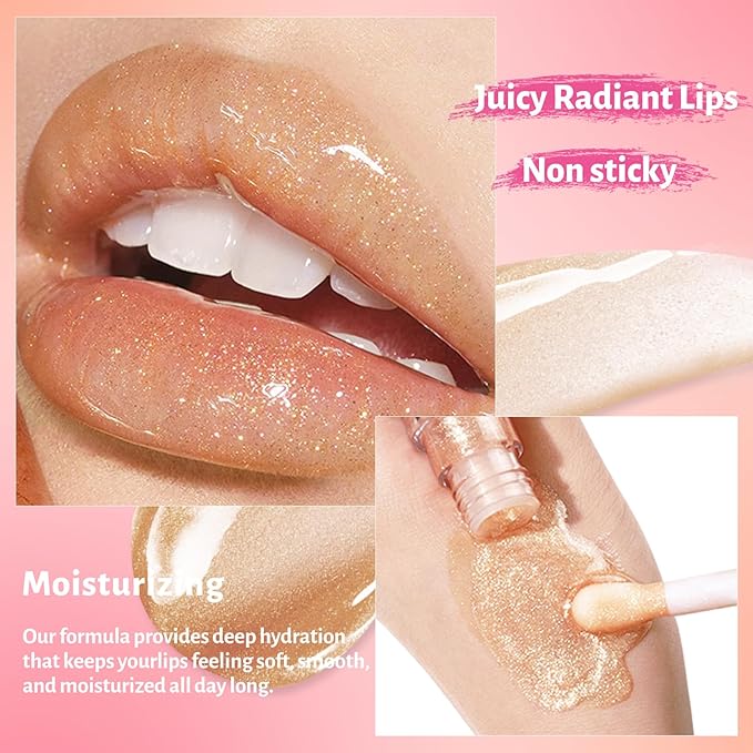 UCANBE 3 Color Shimmery Lip Oil Gloss - Luxurious Radiant Hydrating Tinted Lip Glow (Coral/Gold/Raspberry), Non-Sticky Shiny Lip Plumper Top Gloss for All-Day Wear and Comfort