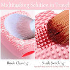 Silicone Travel Make-up Brush Holder with Cleaner Mat Pad, Organizer Case Covers for Foundation Eye Lip Brushes Storage Cleaning, Gift for Women Girl-friend Mother Wife, 3-Pcs Large + 5 Small, Pink