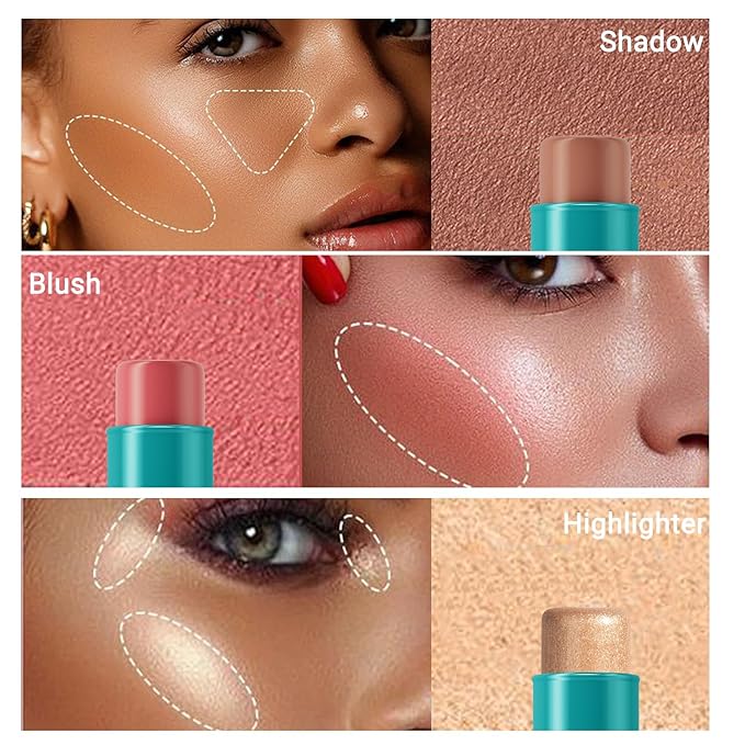 3Pcs Cream Contour Stick, with Highlighter Stick Milk Bronzer Stick Blush Stick, Face Contour Stick with Makeup Brush and Sponge, Easy to Sculpt the Face, Long Lasting, Waterproof