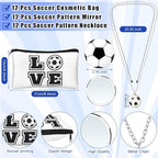 72 Pcs Sports Team Gifts Include 12 Makeup Bags 12 Lip Balm 12 Lip Balm Holder 12 Necklace 12 Adjustable Bracelet 12 Mirrors for Sports Lovers Players Party Favors (Black, Soccer)