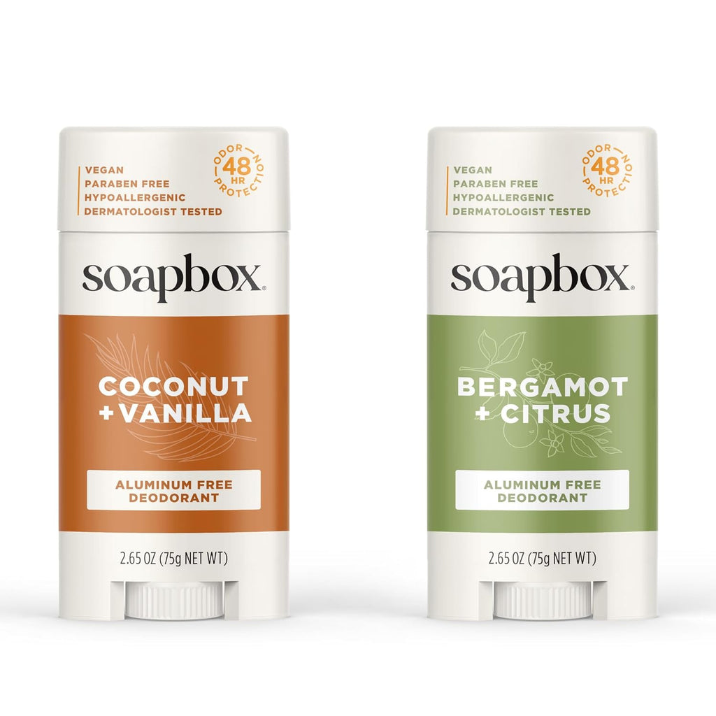 Soapbox Aluminum Free Deodorant, 2 Pack Bergamot & Citrus and Coconut & Vanilla Scented Deodorant, Scented Aluminum-Free Natural Deodorants, 2.65oz