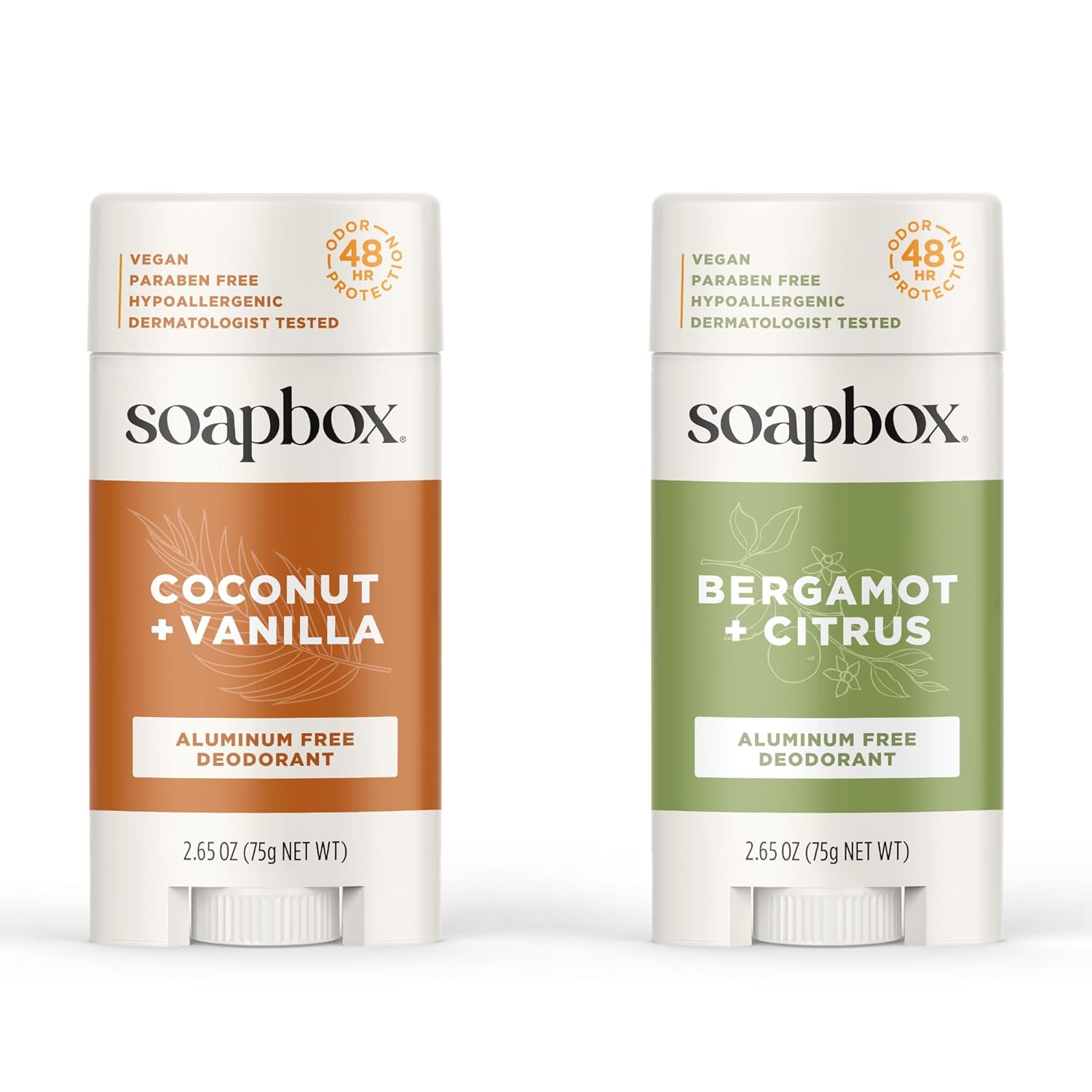 Soapbox Aluminum Free Deodorant, 2 Pack Bergamot & Citrus and Coconut & Vanilla Scented Deodorant, Scented Aluminum-Free Natural Deodorants, 2.65oz