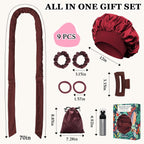 No Heat Overnight Hair Curlers - 70" Soft Ribbon Curl Wrap with 9 Curling Rods, Headband for Long Hair Rollers - Burgundy