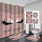 4PCS Hello Gorgeous Shower Curtain Sets with Rugs, Rose Gold Glitter Bling Glam Makeup Diamond Unicorn Eyelash Bathroom Decor, Waterproof Fabric Pink Shower Curtain Girly Gifts for Girls Women