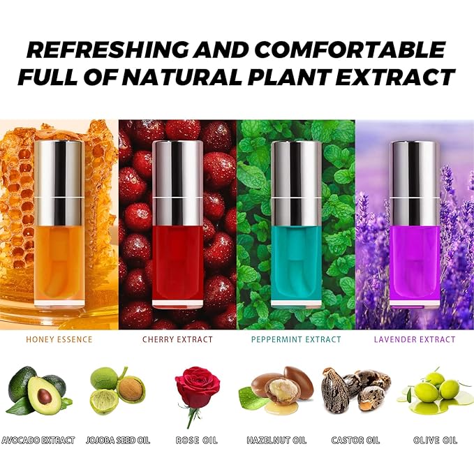 Plumping Lip Oil, 4PCS Hydrating Lip Glow Gloss Moisturizing Tinted Lip Balm Lasting Nourishing Protects Soothes, Comforts Transparent Lip Care Toot, Natural Ingredients Non-sticky Big Brush Glitter Primer Lip Tint (SET A)