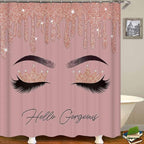 4PCS Hello Gorgeous Shower Curtain Set, Rose Gold Glitter Drip Bling Glam Diamond Crown Princess Unicorn Eyelash Girls Pink Bathroom Decor, Waterproof Fabric Shower Curtain Bath Mat Toilet Rug
