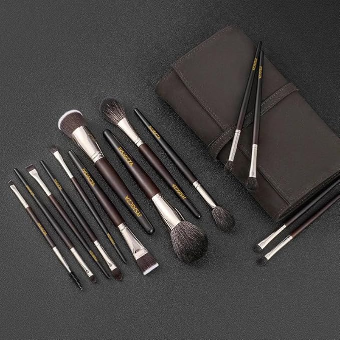Professional makeup brush set with makeup bag. Includes Brushes for Contouring, Highlighting, Eyeshadow, Foundation & More. 15 Pcs Wool makeup brush