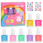 wakaniya Kids Non Toxic Nail Polish Set for Girls with Gems Nail Stickers, 7 Color Peel-Off Low Odor Nail Polish for Toddler
