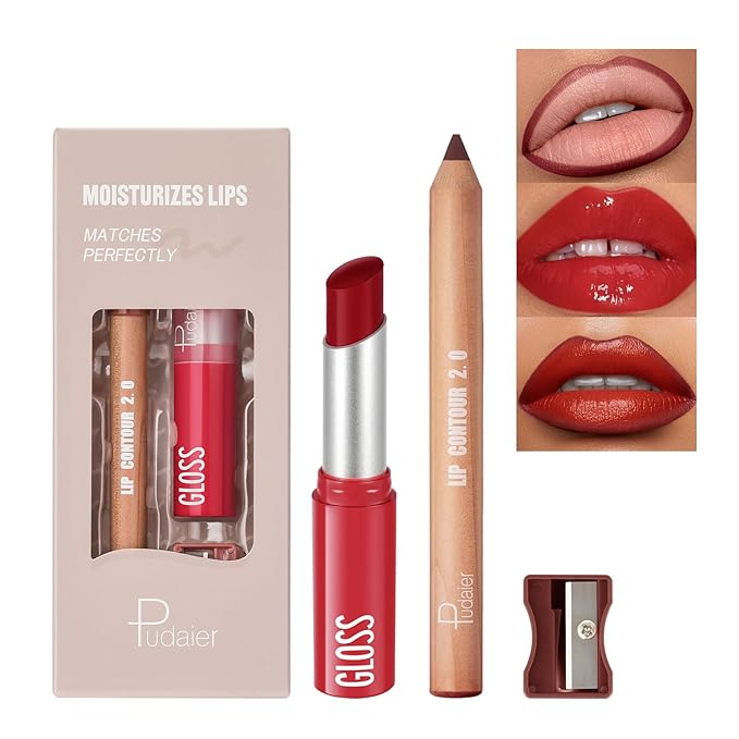 2Pcs Lipstick and Lip Liner Combo, Lip Liner and Lip Gloss Kit for Women, Matte Lip Pencil and Smooth Hydrating Lipstick with Sharpener, Non-Stick Lip Makeup Set