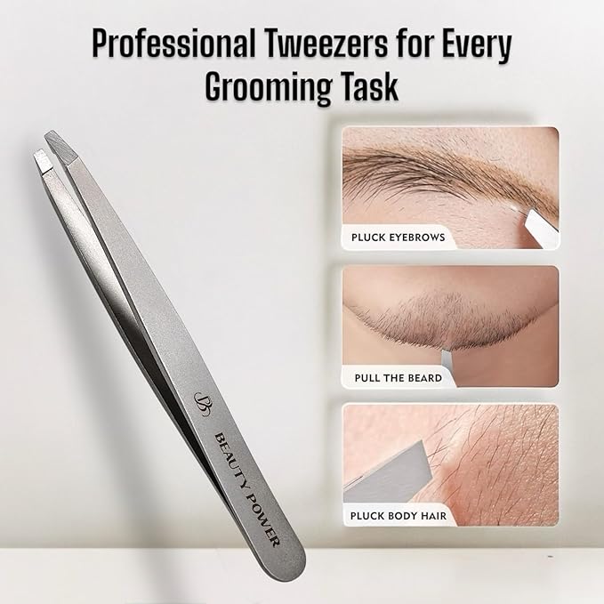Professional Tweezers - Slant, Durable Lightweight German Stainless Steel, Ultra Precision Tweezers for Eyebrows, Facial Hair, Chin, and Ingrown Hair Removal - Gift (Matte Gray)
