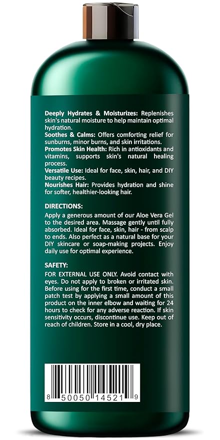 Pure Aloe Vera Gel for Face, Hair & Skin - Soothing Aloe Gel for Sunburn Relief - Made with Organic Aloe Vera Gel 95%, Chamomile & Vit E, for All Skin Types - 16 fl oz