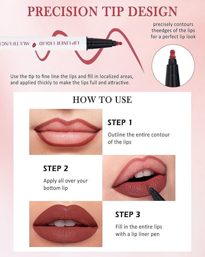 Lip Stain Marker Pen,2 Colors Brown Pink Lip Liner Pencil,Matte Lip Tint Stain Liquid Lipstick,Longlasting Waterproof Precise Chisel Tip Smooth Lipliner,Natural Lip Color Makeup Gift for Women-03+04