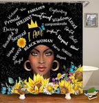 4PCS African American Black Girl Shower Curtain Sets with Rugs, Black Shower Curtain, Afro Black Woman Sunflower Bathroom Decor, Non-Slip Bath Mat, Motivational Inspirational Gifts for Women