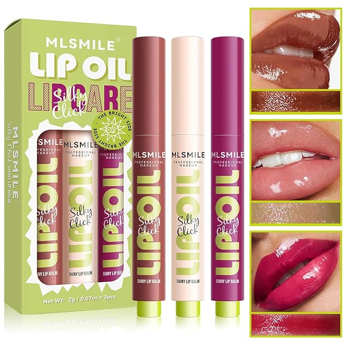 3 Colors Fat Lip Oil Click Slick, Moisturizing and Long-lasting Lip Balm, Non-stick and High Pigment Lip Glow Oil, Lightweight Lip Plumper with Coconut Oil (Set: B)